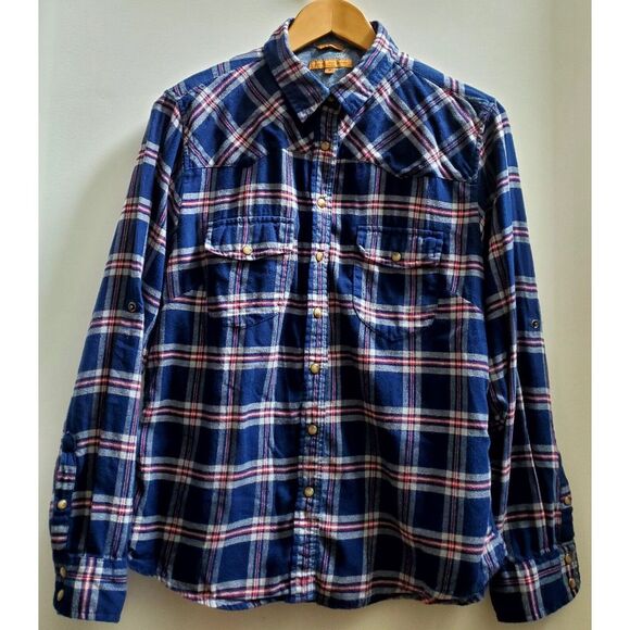 Jachs Girlfriend Shirt Plaid Flannel Navy/Red/White Pearl Snaps Chest Pockets - Picture 3 of 10